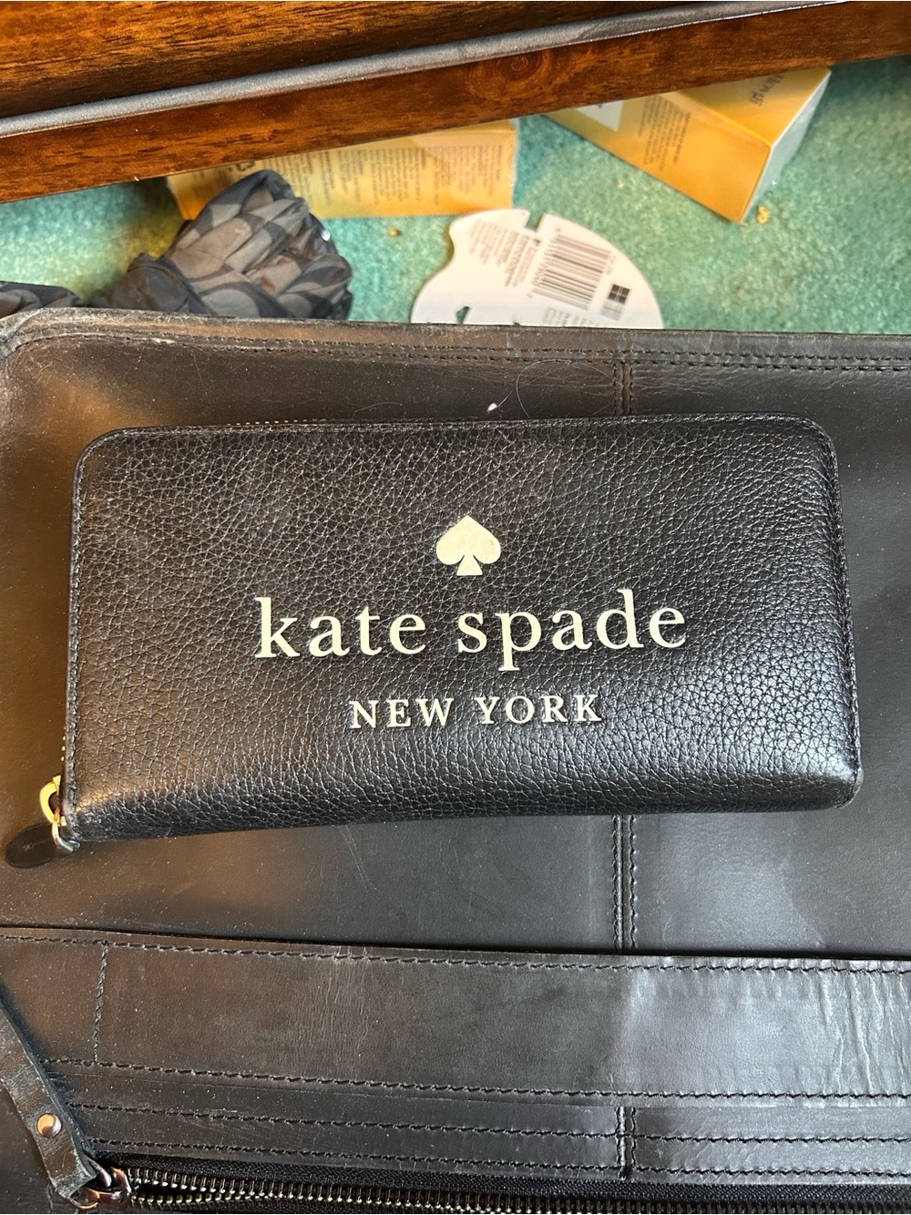 kate spade Black Logo Zip Wallet with Gold Accent
